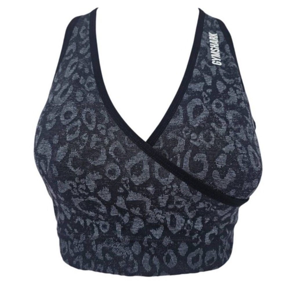 Gymshark Adapt Animal Crossover Back Sports Bra Leopard Black Grey Large